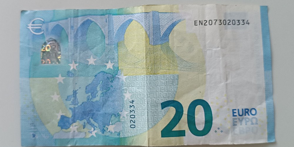 EUR 20-Schein mit Geburtsdatum 2. März '34 – Foto des tatsächlichen Scheins